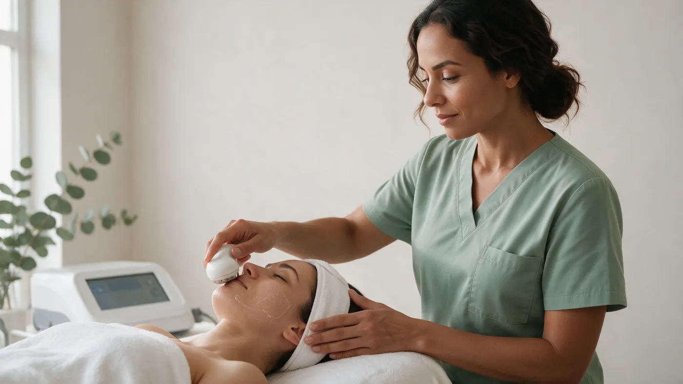 Esteticista passando a ponteira de radiofrequência no contorno do rosto de uma cliente